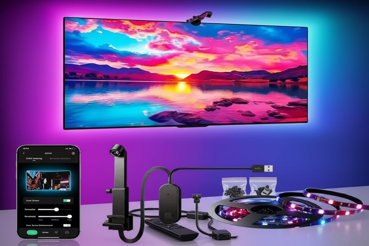 Smart RGBIC LED TV Backlight Strip with Camera, App Control, Music Sync, Smart Lights for Gaming Room Ambient Lighting Ideal for 55-65 inch Monitors